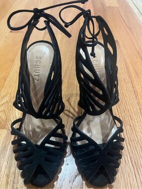 SCHUTZ Black Cutout Lace-Up Heels